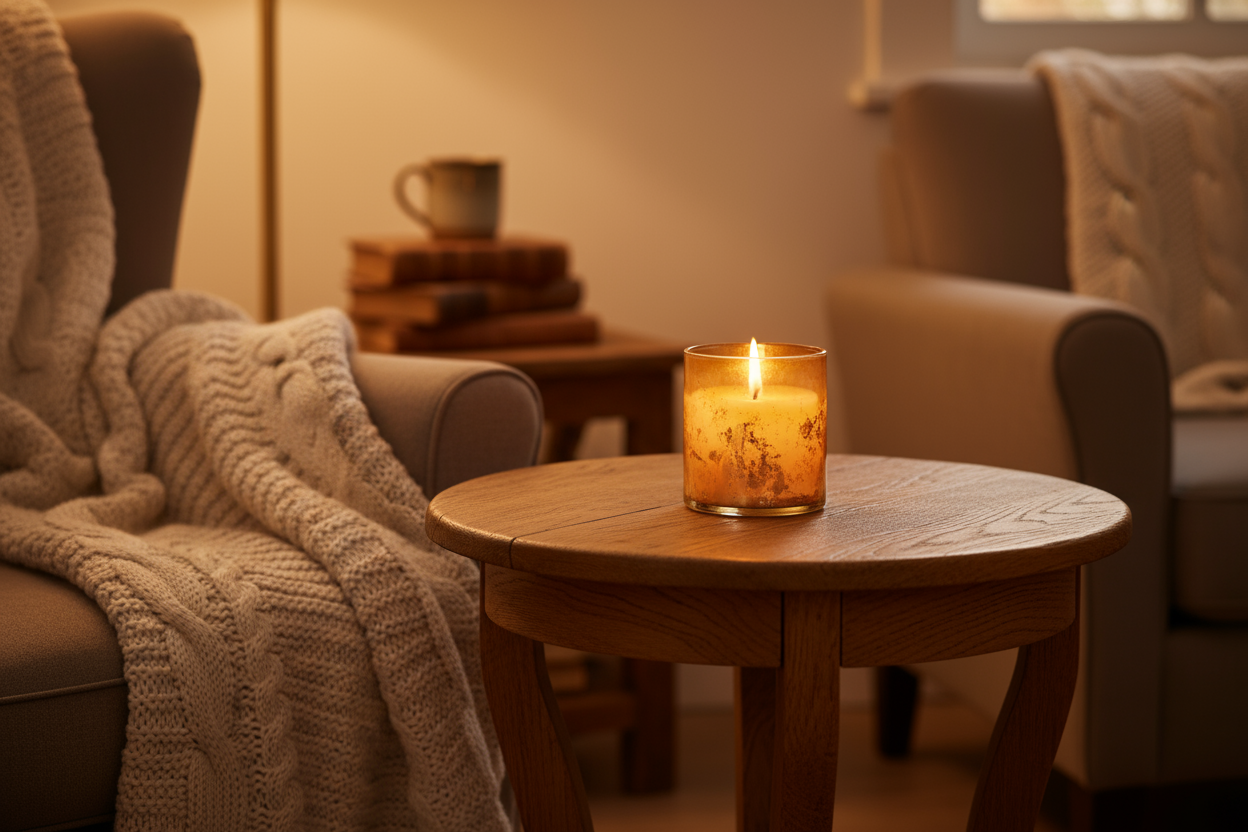 make me a candle in a cozy table in the corner of a room with the feeling of belonging and warmth